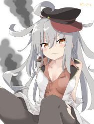 Rule 34 | 10s, artist request, breasts, facial scar, flat cap, gangut (kancolle), grey hair, hat, highres, jacket, kantai collection, large breasts, long hair, looking at viewer, military, military hat, military jacket, military uniform, orange eyes, pantyhose, red shirt, russian text, scar, scar on cheek, scar on face, shirt, simple background, smoke, solo, torn clothes, uniform, white background