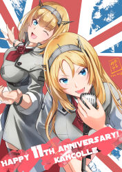 Rule 34 | 2girls, anniversary, ascot, blonde hair, blue eyes, breasts, copyright name, flower, headgear, highres, holding, holding microphone stand, kamo mayor, kantai collection, large breasts, long hair, long sleeves, looking at viewer, microphone stand, military uniform, multiple girls, neck flower, nelson (kancolle), one eye closed, red ascot, red flower, red rose, rodney (kancolle), rose, short hair, uniform