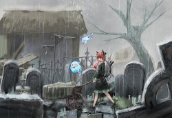 Rule 34 | 1girl, animal ears, bare tree, bow, braid, candle, cat ears, cat tail, commentary, dress, flaming skull, floating skull, grave, graveyard, green dress, hair bow, highres, kaenbyou rin, long hair, long sleeves, multiple tails, nekomata, open mouth, rain, red eyes, red hair, skull, smile, solo, tail, tombstone, touhou, tree, twin braids, two tails, wheelbarrow, zhuxie1264852
