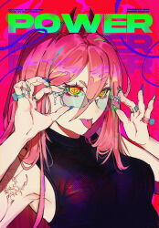 Rule 34 | 1girl, absurdres, adjusting eyewear, arm tattoo, artist name, ben-day dots, chainsaw man, character name, cross-shaped pupils, demon girl, dress, hair between eyes, highres, horns, jewelry, multicolored nails, multiple rings, pink hair, power (chainsaw man), red horns, ring, screentones, sleeveless, sleeveless dress, solo, symbol-shaped pupils, tattoo, tongue, tongue out, upper body, yellow eyes, zyllypepper