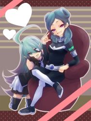 Rule 34 | 10s, 2girls, armband, beta (inazuma eleven), blue hair, breasts, elbow gloves, eyepatch, gloves, gradient hair, green eyes, green hair, green lips, heart, hilary flail, inazuma eleven (series), inazuma eleven go, inazuma eleven go chrono stone, inazuma eleven go galaxy, kneeling, lipstick, long hair, makeup, multicolored hair, multiple girls, open mouth, pointy ears, protocol omega, purple eyes, sakurapain6918, sitting, skirt