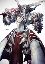 Rule 34 | 1girl, armor, artist name, clarent (fate), commentary request, facing viewer, fake horns, fate/apocrypha, fate/grand order, fate (series), gauntlets, helm, helmet, holding, holding sword, holding weapon, horned headwear, horns, k-suwabe, mordred (fate), mordred (fate/apocrypha), revision, simple background, solo, sword, weapon, white background