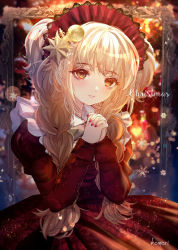 Rule 34 | 1girl, absurdres, artist name, blonde hair, braid, brown eyes, christmas, dress, hair ornament, headdress, highres, komorihikki, lolita fashion, long hair, long sleeves, nail polish, original, own hands clasped, own hands together, parted lips, red dress, red nails, solo, twin braids, twintails, very long hair