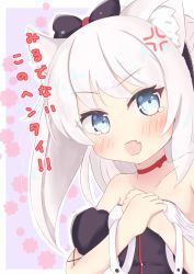 Rule 34 | 1girl, anger vein, animal ears, azur lane, bare shoulders, black bow, black dress, blue eyes, blush, bow, breasts, cat ears, choker, collarbone, commentary request, detached sleeves, dress, fang, hair bow, hammann (azur lane), head tilt, highres, long hair, looking at viewer, open mouth, puffy short sleeves, puffy sleeves, red bow, red choker, ridy (ri sui), short sleeves, silver hair, small breasts, solo, strapless, strapless dress, tears, translation request, very long hair, wrist cuffs