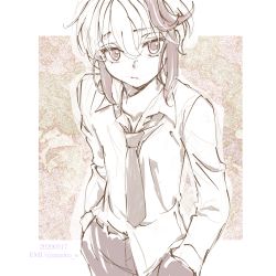 Rule 34 | 1girl, androgynous, bad id, bad pixiv id, commentary request, dated, dress shirt, emu (marico w), flower (vocaloid), flower (vocaloid4), furrowed brow, hands in pockets, highres, multicolored hair, necktie, shirt, short hair, sidelocks, solo, standing, streaked hair, twitter username, upper body, vocaloid, white shirt
