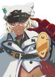 Rule 34 | 1girl, absurdres, arc system works, belt buckle, buckle, clover, dark-skinned female, dark skin, four-leaf clover, guilty gear, guilty gear strive, hat, hat with ears, highres, looking at viewer, military hat, navel, ramlethal valentine, white headwear, yellow eyes
