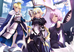 Rule 34 | 3girls, ahoge, armor, armored dress, artoria pendragon (all), artoria pendragon (fate), black legwear, blonde hair, blurry, blush, braid, breastplate, breasts, cloak, closed mouth, crown, day, depth of field, excalibur (fate/stay night), fate/apocrypha, fate/grand order, fate/stay night, fate (series), faulds, feathers, french braid, fur trim, gauntlets, green eyes, hair over one eye, headpiece, highres, holding, holding shield, jeanne d&#039;arc (fate), jeanne d&#039;arc (ruler) (fate), long hair, looking at viewer, mash kyrielight, medium breasts, multiple girls, outdoors, parted lips, purple eyes, saber (fate), serious, sheath, sheathed, shield, shigure s, short hair, sidelocks, single braid, smile, standard bearer, sword, thighhighs, tsurime, very long hair, weapon