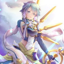 Rule 34 | 1girl, alternate costume, armor, blue armor, blue eyes, blue hair, bow (weapon), breastplate, breasts, cloud, commentary request, day, gem, gloves, hair between eyes, hair ornament, highres, holding, holding weapon, ijac ray, index finger raised, long sleeves, looking at viewer, open mouth, outdoors, parted lips, scarf, short hair, short hair with long locks, sinon, solo, sword art online, sword art online: alicization, sword art online: alicization - war of underworld, weapon, white scarf