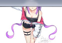 Rule 34 | 3girls, aki rosenthal, bent over, black shorts, breasts, chibi, chibi inset, cleavage, collarbone, commentary, covered eyes, crop top, cropped jacket, english commentary, highres, hololive, hug, jacket, multiple girls, parted lips, purple hair, radioneet, scared, shirakami fubuki, shorts, sidelocks, single thighhigh, small breasts, solo focus, thigh strap, thighhighs, tokoyami towa, twintails, under table, virtual youtuber, white background, white jacket