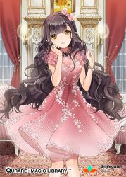 Rule 34 | 1girl, bow, bracelet, brown eyes, brown hair, company name, copyright name, curtains, dress, hair bow, ice (ice aptx), indoors, jewelry, long hair, looking at viewer, matching hair/eyes, official art, open mouth, pink dress, pointy ears, qurare magic library, rug, smile, solo, standing, very long hair, watermark, window