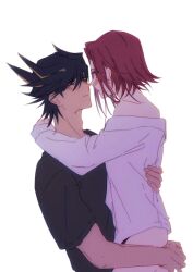 Rule 34 | 1boy, 1girl, alternate costume, black hair, black shirt, blue eyes, blush, collared shirt, commentary, couple, earrings, facing to the side, fudo yusei, hand on another&#039;s ass, hand on another&#039;s back, hand on another&#039;s shoulder, hetero, highres, hug, imminent kiss, izayoi aki, jewelry, looking at another, multicolored hair, naoki (2rzmcaizerails6), no pants, off shoulder, red hair, shirt, short hair, simple background, spiked hair, streaked hair, stud earrings, symbol-only commentary, white background, white shirt, yu-gi-oh!, yu-gi-oh! 5d&#039;s