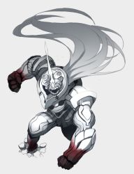 Rule 34 | 1boy, armor, clenched hand, clenched hands, crack, fighting stance, full body, ganesagi, gradient hair, grey background, grey hair, long hair, looking at viewer, male focus, monochrome, monster, multicolored hair, open mouth, original, simple background, solo, spot color, teeth, white hair