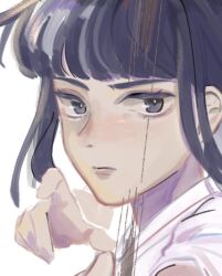 Rule 34 | 1girl, bad source, black hair, blunt bangs, bow (weapon), chinese commentary, close-up, commentary request, cowboy shot, highres, holding, holding bow (weapon), holding weapon, inuyasha, japanese clothes, kikyou (inuyasha), kimono, looking at viewer, realemonade, sidelocks, simple background, solo, weapon, white background, white kimono