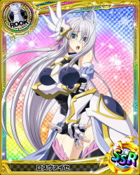Rule 34 | 10s, 1girl, antenna hair, artist request, black thighhighs, blue eyes, breasts, card (medium), character name, chess piece, detached sleeves, female focus, gauntlets, headgear, high school dxd, large breasts, long hair, official art, ribbon, rook (chess), rossweisse, silver hair, solo, thighhighs, trading card, very long hair