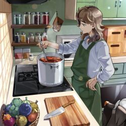 Rule 34 | 1boy, alternate costume, apron, arven (pokemon), basket, blonde hair, closed mouth, commentary request, cooking, cooking pot, creatures (company), cupboard, cutting board, game freak, green apron, green eyes, hand on own hip, highres, holding, indoors, jar, kitchen, knife, kyu (kemon 19), long hair, looking down, mabosstiff, male focus, microwave, nintendo, pokemon, pokemon (creature), pokemon sv, shelf, shirt, steam, stove