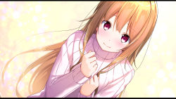 Rule 34 | 1girl, blush, brown hair, closed mouth, commentary request, dutch angle, hands up, highres, letterboxed, light particles, long hair, long sleeves, looking at viewer, mikage mone, mone channel, na53, red eyes, ribbed sweater, sanpaku, sidelocks, solo, sweater, turtleneck, turtleneck sweater, upper body, virtual youtuber, yellow background