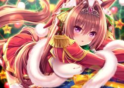 Rule 34 | 1girl, animal ears, bell, bent over, blurry, blurry background, bow, box, breasts, christmas, christmas ornaments, christmas tree, commentary request, daiwa scarlet (umamusume), depth of field, epaulettes, fang, fingernails, fur-trimmed headwear, fur trim, gift, gift box, hair bell, hair between eyes, hair bow, hair intakes, hair ornament, hat, heart, highres, horse ears, horse girl, horse tail, juliet sleeves, large breasts, long hair, long sleeves, looking at viewer, nail polish, parted lips, plaid, plaid bow, pleated skirt, puffy sleeves, purple eyes, red bow, red hat, red nails, red skirt, revision, santa hat, shirt, skirt, solo, tail, thighhighs, tiara, twintails, umamusume, v-shaped eyebrows, very long hair, white shirt, white thighhighs, yunagi amane