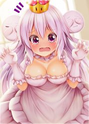 Rule 34 | 1girl, blush, boo (mario), breasts, cleavage, closed eyes, closed mouth, commentary request, covering own eyes, crown, day, dress, dutch angle, fang, fang out, fangs, frilled dress, frilled gloves, frills, gloves, hair between eyes, hands up, highres, large breasts, long hair, luigi&#039;s mansion, mario (series), minato ojitan, mini crown, new super mario bros. u deluxe, nintendo, nose blush, open mouth, princess king boo, puffy short sleeves, puffy sleeves, purple eyes, short sleeves, silver hair, sunlight, super crown, tears, very long hair, wavy mouth, white dress, white gloves, window