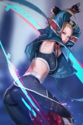 Rule 34 | arms up, ass, blonde hair, blue eyes, breasts, cammy white, corrupted twitter file, cropped jacket, fingerless gloves, gloves, highres, medium breasts, midriff, pants, parted lips, passimo, sports bra, street fighter, street fighter 6, tight clothes, tight pants