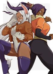 Rule 34 | 2girls, animal ear fluff, animal ears, armor, armored boots, artist name, ass, ass-to-ass, ass press, back, back-to-back, bare back, bare shoulders, beige scarf, black leotard, black thighhighs, bleach, blue footwear, blue thighhighs, boku no hero academia, boots, border, breasts, buttons, clenched hands, clothing cutout, commentary, constricted pupils, crescent print, crossover, dark-skinned female, dark skin, faulds, fighting stance, flipped hair, floating hair, from side, fur collar, gloves, gluteal fold, grey background, groin, hair ribbon, halftone, halftone background, hand up, high ponytail, highleg, highres, iaranaika, jacket, large breasts, leg up, legs apart, leotard, long hair, looking at viewer, looking back, mirko, multiple girls, muscular, muscular female, orange shirt, outside border, parted bangs, pocket, ponytail, portuguese commentary, purple hair, rabbit ears, rabbit tail, red eyes, red ribbon, ribbon, scarf, shihouin yoruichi, shirt, sideboob, signature, standing, standing on one leg, tail, tail through clothes, teeth, thick thighs, thigh boots, thighhighs, thighs, trait connection, v-shaped eyebrows, very long hair, white border, white gloves, white hair, white leotard, yellow eyes