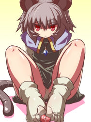 Rule 34 | 1girl, :&lt;, animal ears, annoyed, bad id, bad pixiv id, feet, footjob, grey hair, hakika, jitome, knees apart feet together, mouse (animal), mouse ears, mouse tail, nazrin, no shoes, panties, pantyshot, penis, pov, precum, red eyes, simple background, sitting, socks, solo, solo focus, tail, toe socks, toes, touhou, tsurime, uncensored, underwear, white socks