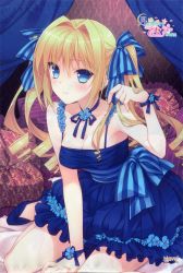 Rule 34 | 1girl, absurdres, blonde hair, blue dress, blue eyes, blush, breasts, cleavage, dress, flower, highres, huge filesize, long hair, looking at viewer, official art, scan, smile, solo, suzuhira hiro, tsuki ni yorisou otome no sahou, twintails, ursule fleur jeanmaire