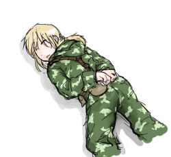 Rule 34 | 1girl, anya (dutchko), bad id, bad pixiv id, blonde hair, bound, camouflage, closed eyes, dutchko, lying, military, military uniform, on stomach, original, ponytail, soldier, solo, tied up (nonsexual), unconscious, uniform, woodland camouflage