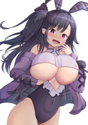 Rule 34 | 1girl, azur lane, bare shoulders, black hair, black leotard, blush, breasts, cowboy shot, fang, hair ornament, heart, heart-shaped pupils, highres, huge breasts, inari jin, jacket, large breasts, leotard, long hair, long sleeves, looking at viewer, off shoulder, open mouth, pamiat merkuria (azur lane), playboy bunny, purple jacket, red eyes, simple background, smile, solo, symbol-shaped pupils, thighs, underboob, white background
