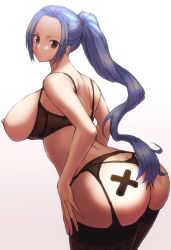 Rule 34 | 1girl, ass, bare shoulders, blue hair, bra, breasts, breasts out, brown eyes, butt crack, come hither, didd ley, from behind, garter belt, grey background, highres, large breasts, long hair, looking at viewer, naughty face, nefertari vivi, one piece, ponytail, shiny skin, sideboob, simple background, smile, solo, thighhighs, thong, underwear, underwear only, very long hair