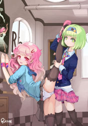 Rule 34 | + +, 2girls, arm support, assisted stretching, bad id, bad pixiv id, badge, black legwear, breasts, button badge, earrings, green eyes, green hair, hair ornament, hairband, hairclip, jewelry, leg up, long hair, looking at viewer, male focus, medium breasts, multiple girls, necktie, original, panties, pink hair, power symbol, print ornament, red eyes, riccae, skirt, smiley face, stretching, sweater, symbol-shaped pupils, thighhighs, underwear, union jack, wristband