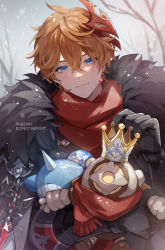 Rule 34 | 1boy, ahoge, artist name, bare tree, black gloves, blue eyes, blush, closed mouth, cloud, cloudy sky, coat, commentary, crossed bangs, crown, crown of insight, earrings, eyelashes, fur-trimmed coat, fur trim, genshin impact, glint, gloves, grey coat, hair between eyes, hand up, highres, holding, holding stuffed toy, jacket, jewelry, long sleeves, looking at viewer, male focus, mask, mask on head, open clothes, open coat, orange hair, outdoors, qi2341, red mask, red scarf, ruin guard (genshin impact), scarf, shell, short hair, single earring, sky, smile, snow, snowing, solo, stuffed narwhal, stuffed toy, tartaglia (genshin impact), tree, twitter username, upper body, watermark