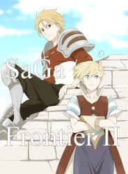 Rule 34 | 2boys, armor, blonde hair, closed mouth, gloves, gustave xiii, highres, johan, kobayashi chizuru, looking at viewer, male focus, multiple boys, saga, saga frontier 2, smile, spiked hair, standing, striped