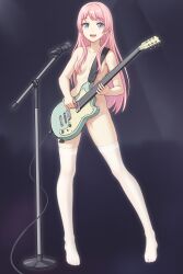 Rule 34 | 1girl, :d, bang dream!, bang dream! it&#039;s mygo!!!!!, blue eyes, chihaya anon, collarbone, commentary request, da akana xiv, full body, hair over eyes, highres, holding, holding instrument, instrument, long hair, looking at viewer, microphone, microphone stand, music, nude, open mouth, pink hair, playing instrument, smile, solo, standing, teeth, thighhighs, thighs, toenails, toes, upper teeth only, white thighhighs
