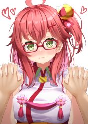 Rule 34 | 1girl, absurdres, ahoge, bespectacled, breasts, commentary request, embarrassed, glasses, green eyes, hair between eyes, hair ornament, highres, holding hands, hololive, large breasts, looking at viewer, pink hair, portrait, pov, pov hands, sakura miko, sakura miko (1st costume), side ponytail, starkamisan, virtual youtuber, white background