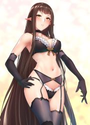 Rule 34 | 1girl, black choker, black panties, black thighhighs, blush, bra, breasts, brown eyes, brown hair, choker, cleavage, elbow gloves, fate/apocrypha, fate (series), garter belt, gloves, hand on own hip, lace, lace-trimmed bra, lace-trimmed panties, lace trim, large breasts, lingerie, long hair, panties, pointy ears, semiramis (fate), skindentation, solo, thighhighs, underwear, very long hair, white background, white bag, zucchini