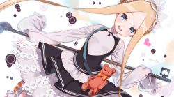 Rule 34 | 1girl, abigail williams (fate), abigail williams (festival outfit) (fate), apron, black skirt, blonde hair, blue eyes, bow, butterfly hair ornament, eretto, fate/grand order, fate (series), hair ornament, heroic spirit chaldea park outfit, holding, key, long hair, looking at viewer, maid, maid apron, maid headdress, official alternate costume, open mouth, orange bow, skirt, sleeves past fingers, sleeves past wrists, smile, solo, stuffed animal, stuffed toy, teddy bear, white bow