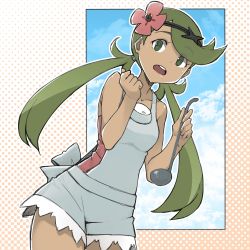Rule 34 | 1girl, :o, apron, armpit peek, arms up, bare shoulders, blue sky, cloud, cloudy sky, cowboy shot, creatures (company), cropped legs, dark-skinned female, dark skin, day, flower, game freak, green eyes, green hair, hair flower, hair ornament, highres, looking at viewer, mallow (pokemon), mzrz, nintendo, open mouth, pink shirt, poke ball, pokemon, pokemon sm, polka dot, polka dot background, shirt, sky, sleeveless, sleeveless shirt, solo, spoon, standing, swept bangs, teeth, thighs, trial captain, twintails