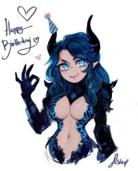 Rule 34 | 1girl, absurdres, blue eyes, blue hair, blue theme, breasts, closed mouth, copyright request, fingernails, hand up, happy birthday, hat, heart, highres, horns, large breasts, long hair, looking at viewer, matilda fiship, navel, no nose, ok sign, party hat, pointy ears, sharp fingernails, signature, smile, solo