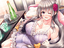 Rule 34 | 1girl, alcohol, blush, bottle, bow, braid, breasts, champagne, cleavage, collarbone, couch, covered erect nipples, flower, frills, hair bow, hair flower, hair ornament, hasumi (hasubatake39), highres, hotel, ice, ice cube, jewelry, large breasts, lingerie, long hair, looking at viewer, mature female, nightgown, one eye closed, open mouth, original, purple eyes, ring, robe, sitting, smile, tongs, tree, underwear, very long hair, wedding ring, wink, yellow bow