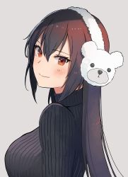 Rule 34 | 1girl, bear hair ornament, black hair, black sweater, blush, breasts, brown eyes, closed mouth, earmuffs, from side, grey background, hair between eyes, hair ornament, kantai collection, kasumi (skchkko), large breasts, long hair, looking at viewer, looking to the side, nagato (kancolle), ribbed sweater, simple background, smile, solo, sweater, tight clothes, tsurime, turtleneck, turtleneck sweater, upper body