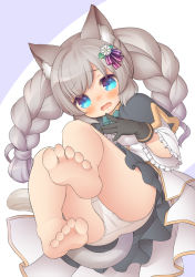 Rule 34 | 1girl, animal ear fluff, animal ears, bare legs, barefoot, black gloves, blue bow, blue bowtie, blue capelet, blue eyes, blue skirt, blush, borrowed character, bow, bowtie, braid, breasts, capelet, cat ears, cat tail, center frills, commentary request, commission, daisy, dutch angle, feet, feet up, finger to own chin, flower, foot focus, foreshortening, frills, gloves, gold trim, grey hair, hair flower, hair ornament, hand up, kupuru (hirumamiyuu), looking at viewer, open mouth, original, panties, simple background, skeb commission, skirt, sleeves past elbows, small breasts, soles, solo, tail, toes, twin braids, twintails, underwear, upskirt, white background, white flower, white panties, wide sleeves