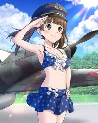 Rule 34 | 1girl, aircraft, airplane, armpits, bikini, bikini skirt, blue eyes, blush, brave witches, breasts, brown hair, cleavage, closed mouth, georgette lemare, hand on own hip, hat, long hair, military hat, navel, non-web source, official art, outdoors, salute, sky, small breasts, smile, solo, swimsuit, twintails, world witches series