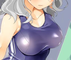 Rule 34 | 10s, 1girl, breast focus, breasts, byte (allbyte), collarbone, competition swimsuit, covered erect nipples, head out of frame, highres, kantai collection, kashima (kancolle), large breasts, lips, one-piece swimsuit, silver hair, solo, swimsuit, upper body