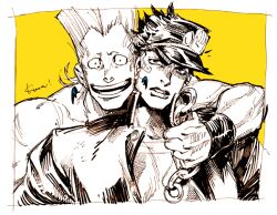 Rule 34 | 2boys, bad id, bad tumblr id, earrings, gakuran, greyscale with colored background, hat, hug, jacket, jean pierre polnareff, jewelry, jojo no kimyou na bouken, kotteri, kuujou joutarou, looking at viewer, male focus, multiple boys, muscular, muscular male, partially colored, school uniform, smile, upper body, v-shaped eyebrows, wristband, yellow background