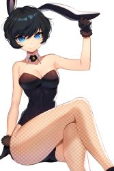 Rule 34 | 1girl, animal ears, arm at side, bad id, bad pixiv id, bare shoulders, black gloves, black hair, black leotard, black pantyhose, blue eyes, breasts, carchet, cleavage, closed mouth, collarbone, cowboy shot, crossed legs, detached collar, eyebrows, eyelashes, fake animal ears, fur gloves, fur trim, gloves, hand on own ear, hand up, leotard, looking at viewer, medium breasts, original, pantyhose, playboy bunny, print pantyhose, rabbit ears, rabbit girl, short hair, simple background, sitting, smile, solo, strapless, strapless leotard, unmoving pattern, wavy hair, white background