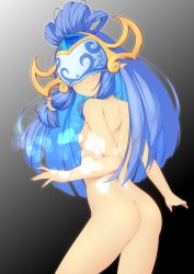 Rule 34 | 1girl, absurdres, ass, black background, blue hair, breasts, completely nude, cowboy shot, gradient background, grey background, half mask, highres, kindred (league of legends), lamb (league of legends), league of legends, lingdu kejian zhu, long hair, looking at viewer, looking back, mask, nude, pointy ears, porcelain kindred, small breasts, solo