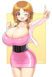 Rule 34 | 1girl, bodycon, breasts, brown hair, bursting breasts, cleavage, cowboy shot, dress, framed breasts, huge breasts, idolmaster, idolmaster cinderella girls, katagiri sanae, latex, latex dress, low twintails, microdress, one eye closed, shiny clothes, short twintails, shuz (dodidu), skin tight, smile, solo, twintails