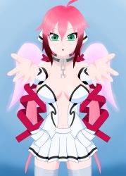 Rule 34 | 1girl, angel, angel wings, artist request, blush, breasts, chain, collar, dress, green eyes, highres, ikaros, im-masterx, large breasts, looking at viewer, pink hair, red ribbon, ribbon, robot ears, simple background, sora no otoshimono, wings