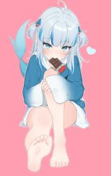 Rule 34 | 1girl, absurdres, ahoge, animal costume, animal hood, barefoot, blue eyes, blue hair, blue hoodie, blunt bangs, blush, bottomless, candy, chocolate, chocolate bar, feet, fins, fish tail, food, foot focus, foreshortening, gawr gura, grey hair, hair ornament, heart, highres, hololive, hololive english, hood, hoodie, hugging own legs, long sleeves, looking at viewer, lucasyecla99, medium hair, mouth hold, multicolored hair, no pants, presenting foot, shark costume, shark girl, shark hair ornament, shark hood, shark tail, sleeves past wrists, soles, solo, streaked hair, tail, toes, two side up, virtual youtuber, wide sleeves