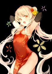 Rule 34 | 1girl, absurdres, armpits, arms up, black background, black gloves, black thighhighs, blonde hair, breasts, china dress, chinese clothes, covered navel, cowboy shot, dampi, dress, elbow gloves, floral background, flower, gloves, hair flower, hair ornament, highres, long hair, looking at viewer, open mouth, red dress, red eyes, red flower, red rose, rose, simple background, small breasts, solo, sweat, thighhighs, twintails, very long hair, white flower, white rose, yellow flower, yellow rose